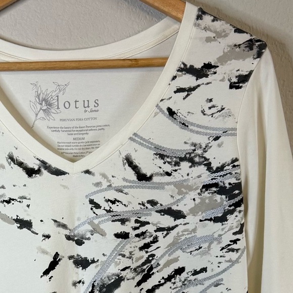 Lotus by Soma Peruvian Pima Cotton V Neck Abstract Artsy Print Cream Shirt Sz MD - Picture 3 of 10